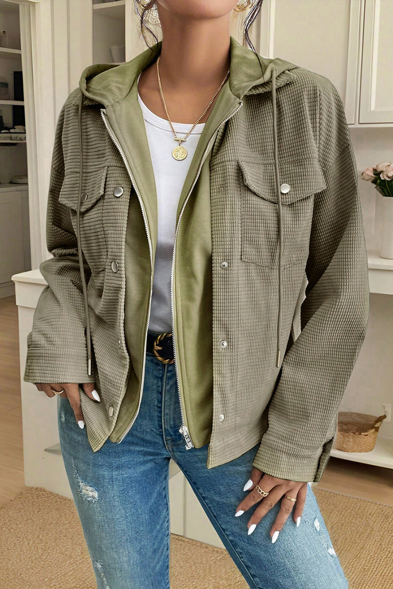 Beige Solid Color Textured Patchwork Flap Pocket Shacket