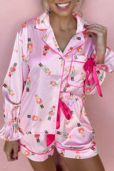Pink Nutcracker Print Contrast Trim Bowknot Silk 2pcs Pajama Set