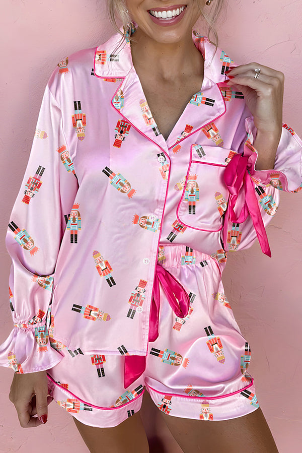 Pink Nutcracker Print Contrast Trim Bowknot Silk 2pcs Pajama Set