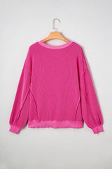 Strawberry Pink Twisted Ribbed Seamed Patchwork Long Sleeve Top