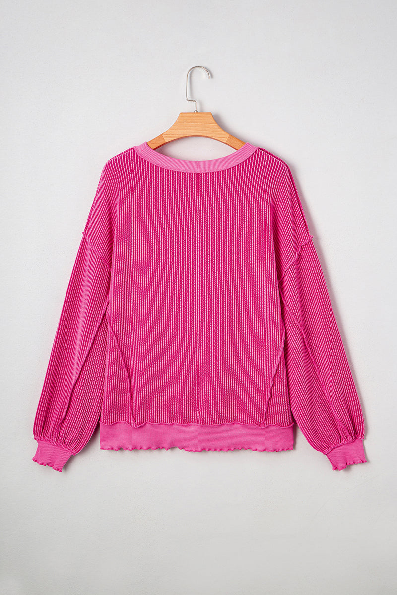 Strawberry Pink Twisted Ribbed Seamed Patchwork Long Sleeve Top