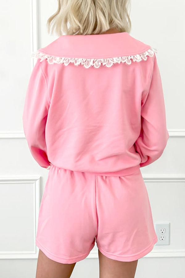 Pink Peter Pan Collar Pullover Lace Embellished Mini Skirt Set