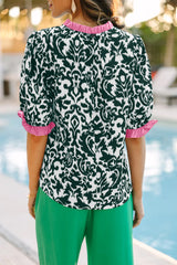 Black Damask Print Ruffled Color Block Detail Half Sleeve Blouse