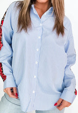 Sky Blue Stripe Contrasted Varsity Stripe Leopard Patchwork Button Down Shirt