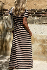 Black Striped Side Pockets T-shirt Maxi Dress