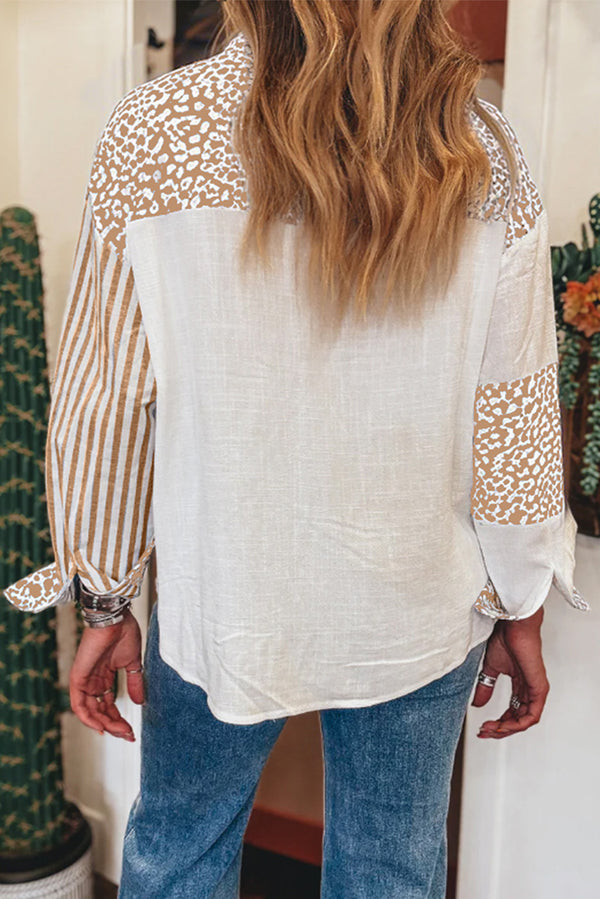 Khaki Leopard Striped Patchwork Button-up Shirt