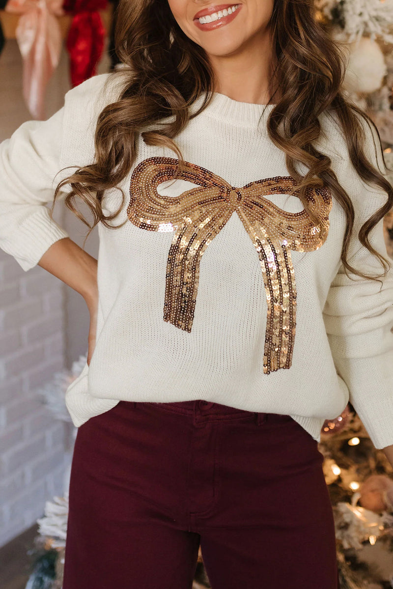 White Sequin Bow Graphic Knit Sweater