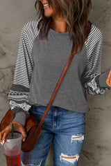 Tillandsia Purple Contrast Print Striped Raglan Long Sleeve Loose Top