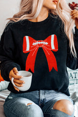 Black Game Day Chenille Bow Patched Drop Shoulder Sweatshirt