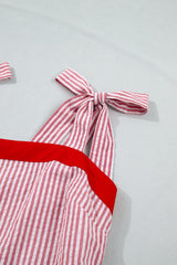 Red Stripe Bow Knot Straps Contrast Trim High Waist Ruffle Hem Maxi Dress