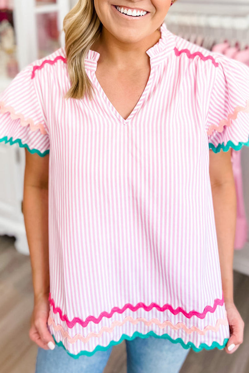 Wholesale Sky Blue Striped Ricrac Splicing Frill V-Neck Blouse