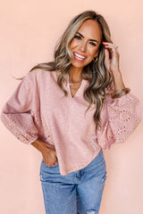 Light Pink Notch V Neck Batwing Sleeve Patchwork Blouse