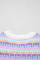 Rose Red Abstract Striped Knit Short Sleeve Sweater