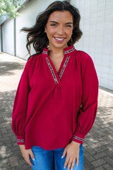 Racing Red Leopard Ricrac Applique V Neck Blouse