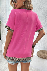 Bright Pink Leopard Patchwork Corded Texture V Neck T Shirt