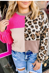 Rose Red Twisted Ribbed Colorblock Leopard Patchwork Plus Size Top