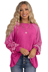 Tillandsia Purple Contrast Print Striped Raglan Long Sleeve Loose Top