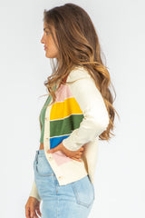 White Striped Colorblock Button Front Knit Cardigan