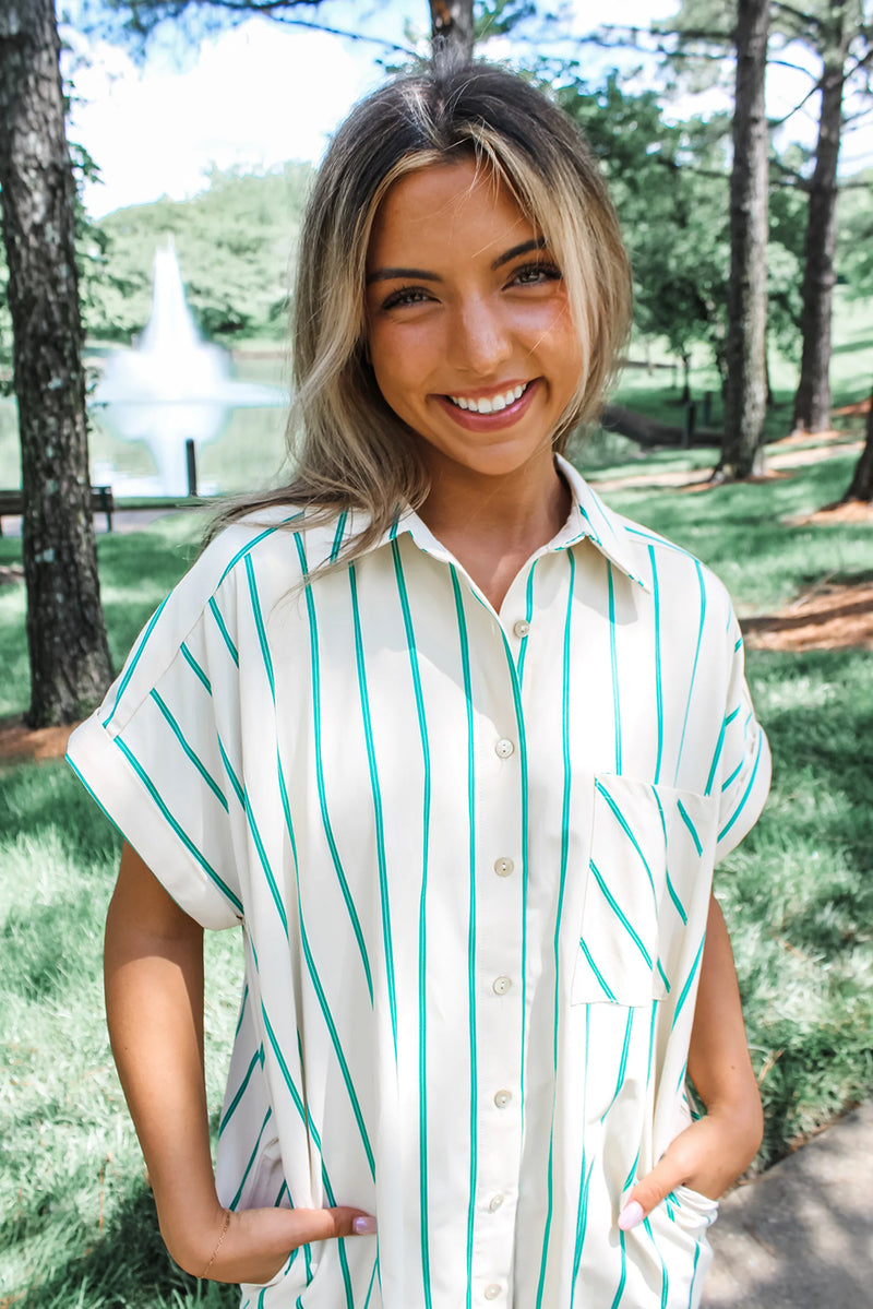 Mint Green Striped Pocket Short Sleeve Mini Dress