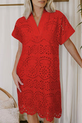 White Solid Color Eyelet Embroidered T Shirt Mini Dress
