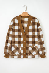 Brown Checkered Sherpa Loose Knit Cardigan with Pockets