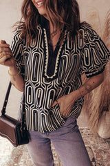 Black Geometric Print Contrast Scallop Color Block Patchwork Short Sleeve Blouse