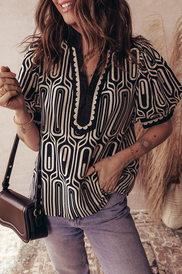 Black Geometric Print Contrast Scallop Color Block Patchwork Short Sleeve Blouse