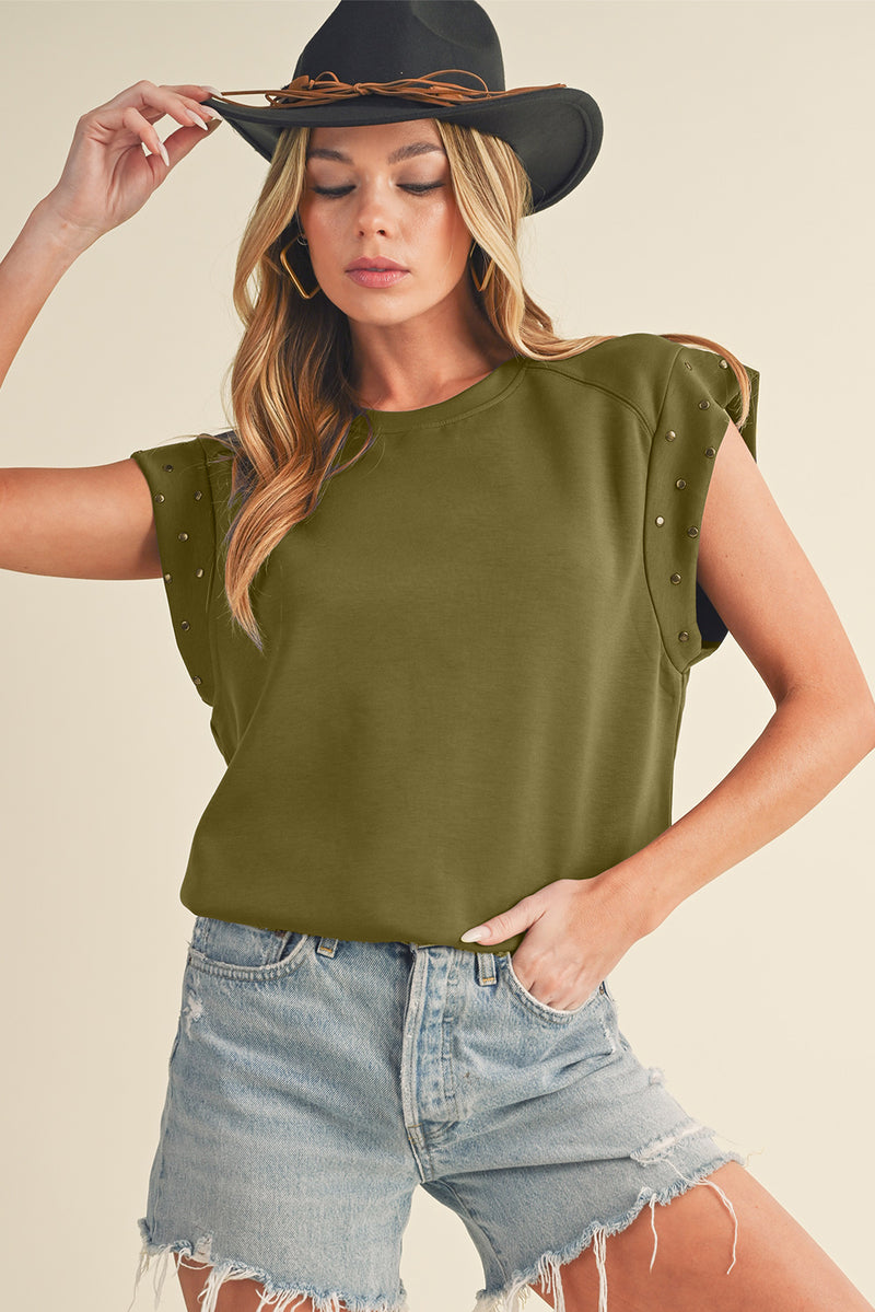 Black Casual Rivet Round Neck T Shirt