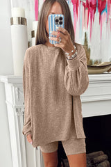 Dark Khaki Ribbed Balloon Sleeve Pullover Top and Biker Knitted Shorts Set