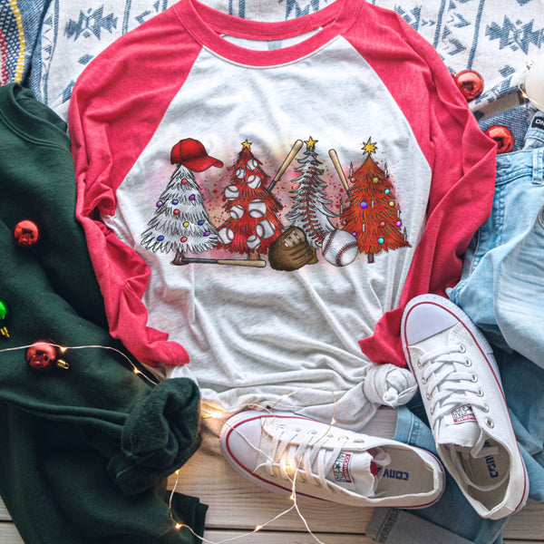 Baseball Christmas trees raglan