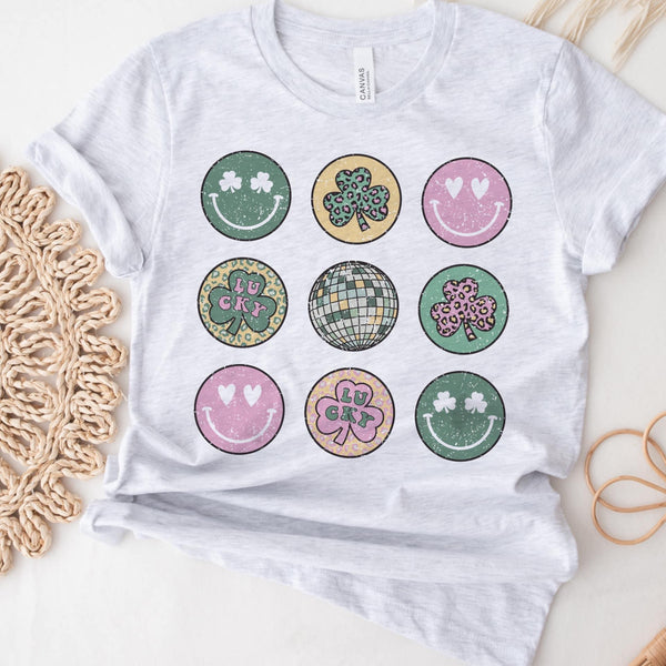 Shamrock, heart smiley disco ball tee