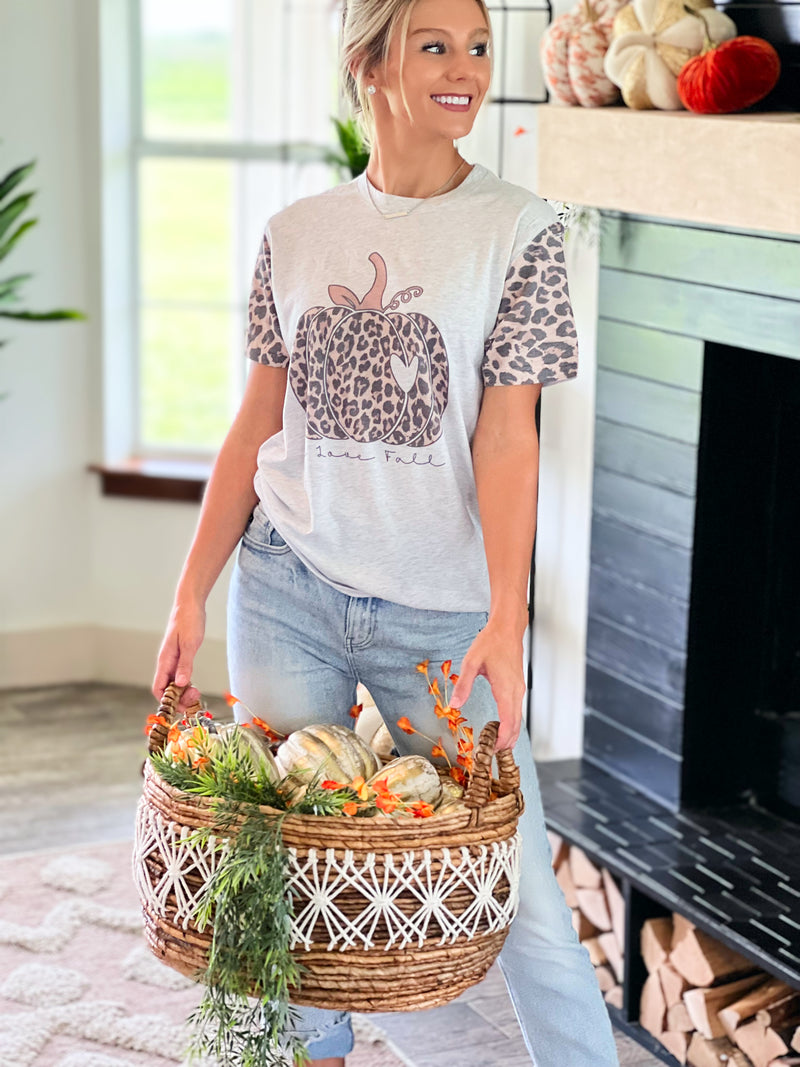 I love fall pumpkin • leopard sleeve tee