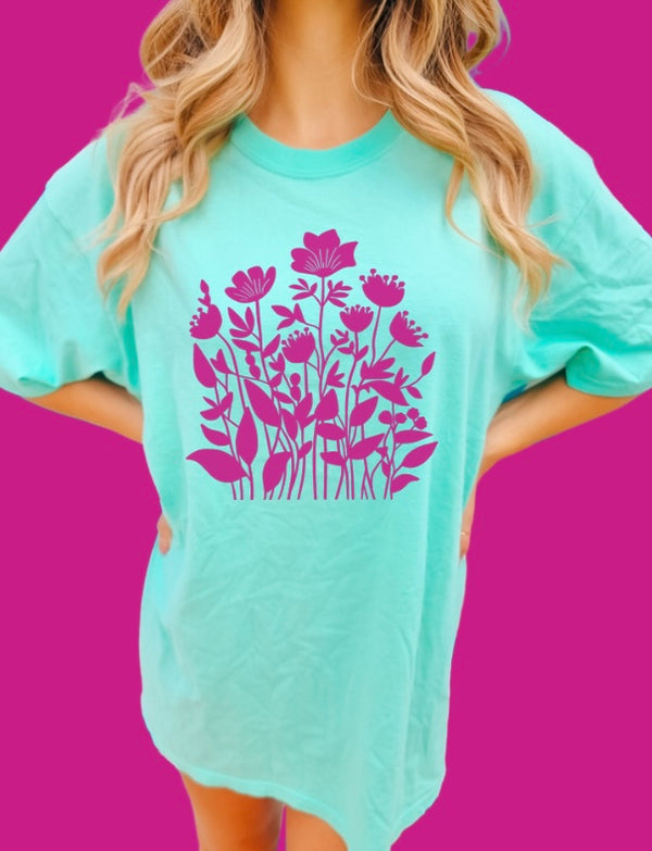 Pink Flowers mint tee